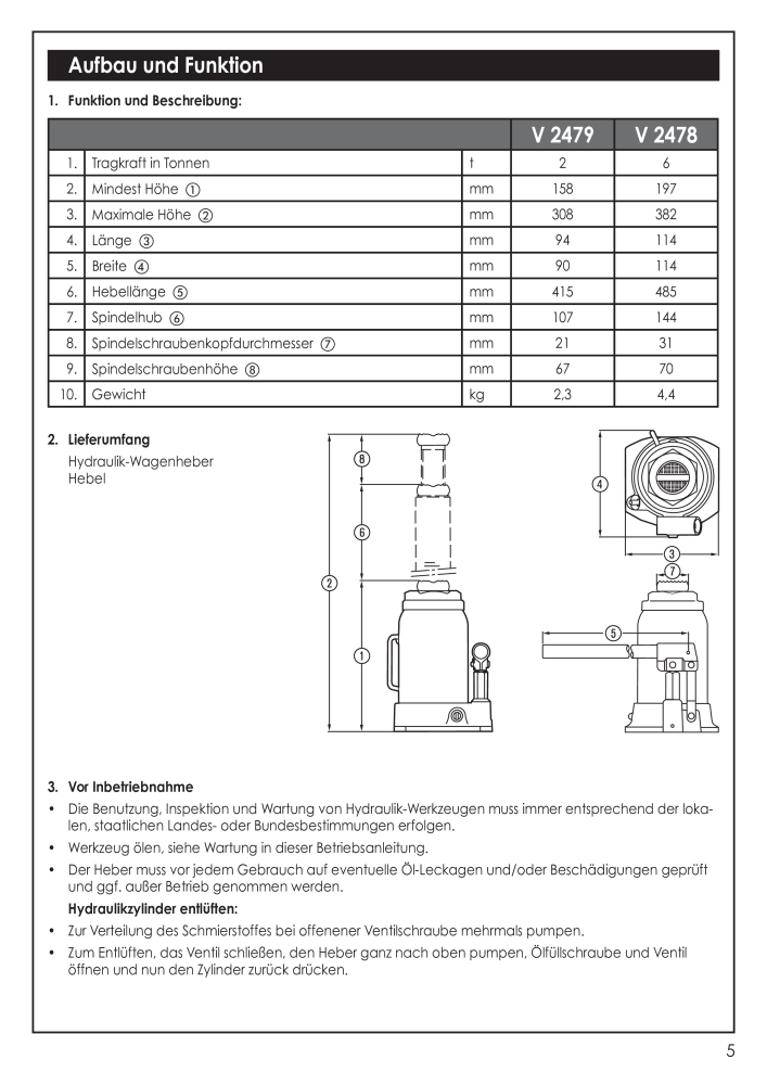 Vigor V2479 V2478 Betriebsanleitung Flaschenwagenheber NO.: 30 - Page 5