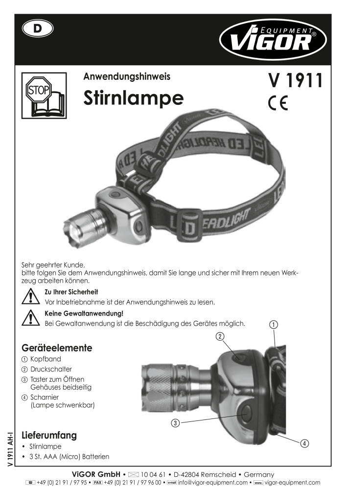 Vigor V1911 Anwendungshinweise Stirnlampe Nº: 41