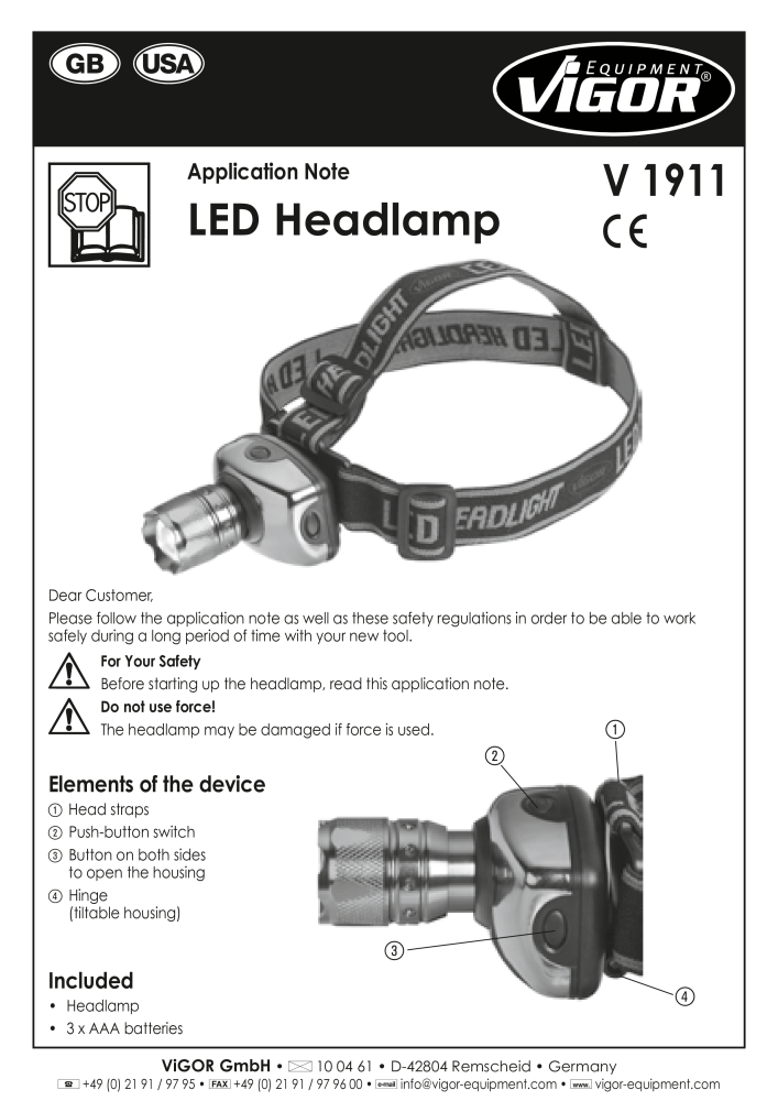 Vigor V1911 Anwendungshinweise Stirnlampe Nº: 41 - Página 3