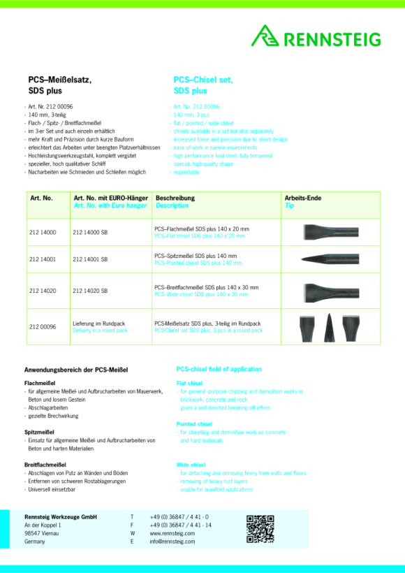 Rennsteig PCS beitel, SDS-plus wide fl. SB 140/30mm 212 14020 SB