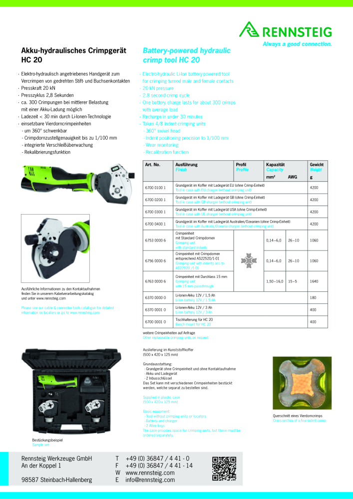 RENNSTEIG Akku-hydraulisches Crimpgerät HC-20 NR.: 67 - Strona 2