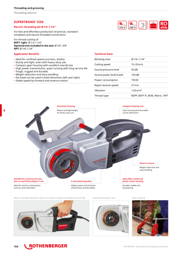 Rothenberger Threading machine, SUPERTRONIC 1250, NPT 1/2-1.1/4, 110V 71453