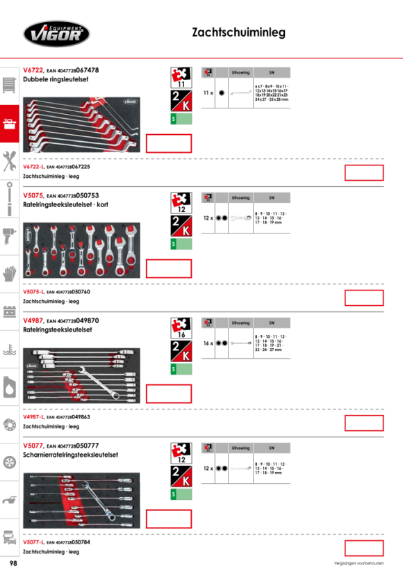 Vigor Ratelringsteeksleutelset - aantal gereedschappen: 15 V4987