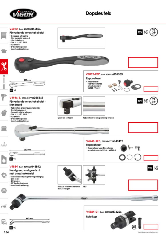 Vigor Omschakelratel met fijne tanden, standaard - 250 mm V4946-S