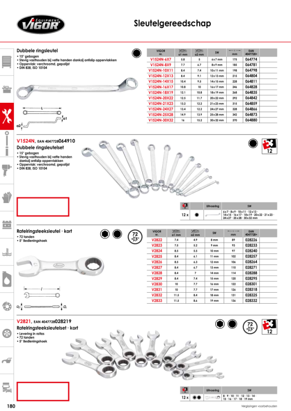 Vigor Ratelringsteeksleutelset, kort - aantal gereedschappen: 12 V2821