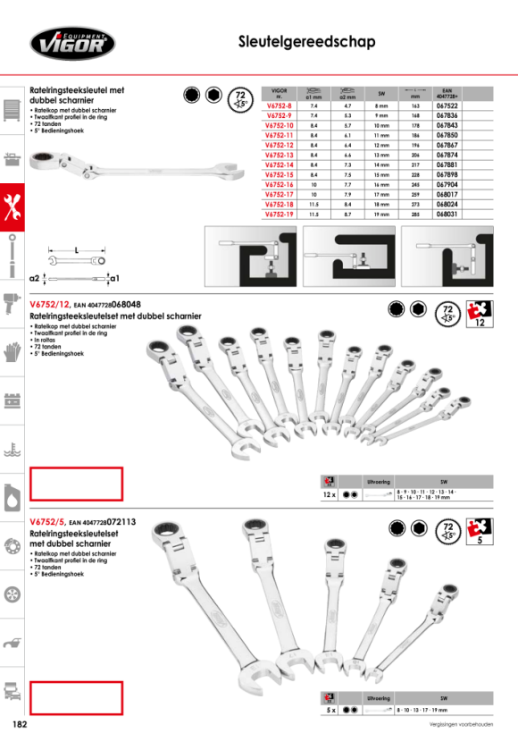 Vigor Set dubbele ratel-ringsleutels - aantal gereedschappen: 12 V6752/12