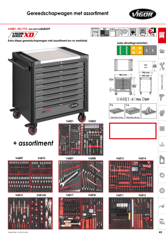 Vigor Werkplaatswagen met assortiment en RVS werkblad - 1000 XD - Aantal gereedschappen: 469 V4481-XD/469