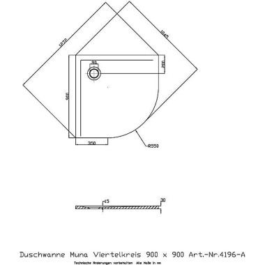 Hoesch Viertelkreis-Dusch wanne MUNA 900x90x30mm we 4196xA.010