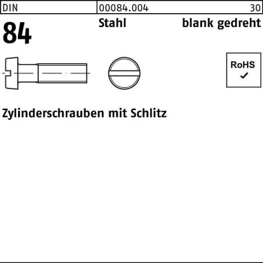 Zylinderschraube DIN 84/I SO 1207 Schlitz M1x 8 Sta hl blank gedreht 100 Stüc k 000840040010008