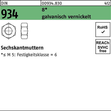 Sechskantmutter DIN 934 M 8 8 galv. vernickelt 1000 Stück 009348300080000