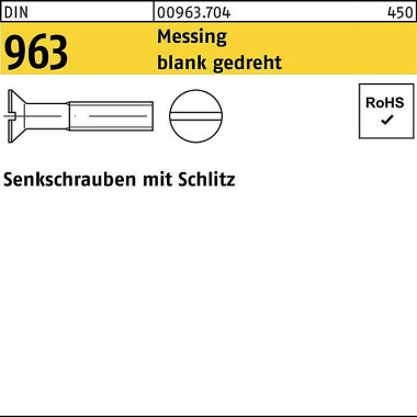 Senkschraube DIN 963 Schl itz M1,6x 10 Messing blan k gedreht 100 Stück 009637040016010