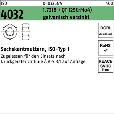 Sechskantmutter ISO 4032 M12 1.7218 +QT (25CrMo4) galv.verz. 100 Stück 040323750120000