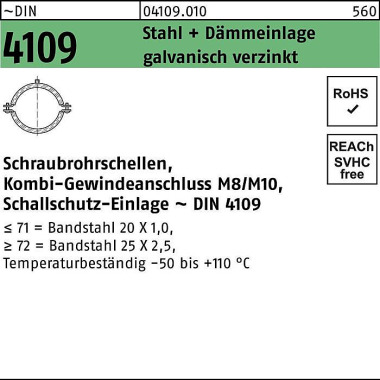 Schraubrohrschelle DIN 41 09 25-28 M8/M10 Stahl+Däm meinlage galv.verz. 100St . 041090100250028