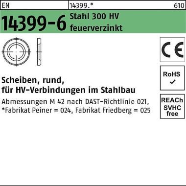 Scheibe EN 14399-6 rund 1 2 (13x24x3) Stahl 300 HV feuerverz. 1 Stück PEINER 143990240120000