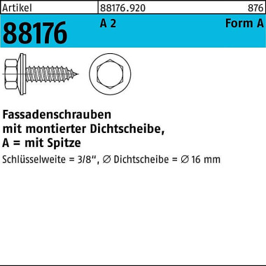 Fassadenschraube R 88176 Dichtscheibe/Spitze A 6,5 x 90 A 2 150 Stück 881769200065090