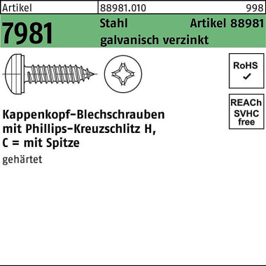 Kappenkopfblechschraube R 88981 PH 3,9x22-H Stahl galv.verz. 500St. 889810100039022