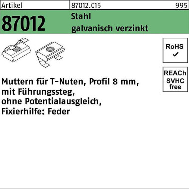 T-Nutenmutter R 87012 Füh rungssteg/o.Potenzialausg l. 8mm M8 Sta galv.verz. 100St 870120159080000