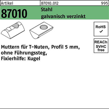 T-Nutenmutter R 87010 o.F ührungssteg 5mm M4 Stahl galv.verz. 1000Stück 870100120040000