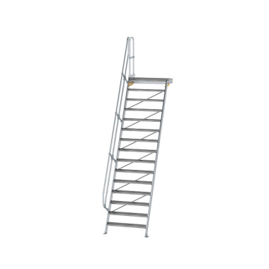 MUNK Stairs with 60° platform, step width 1,000 mm 15 steps Grooved aluminium 600415