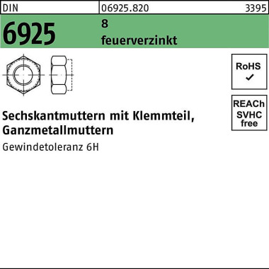 Sechskantmutter DIN 6925 Klemmteil M12 8 feuerverz . 100 Stück 069258200120000