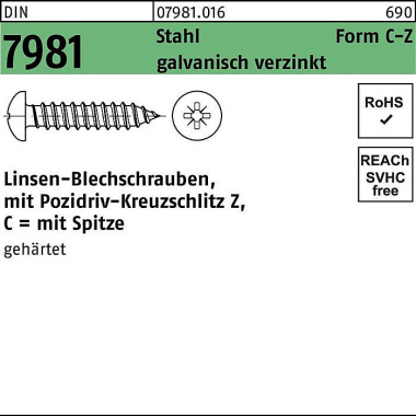 Blechschraube DIN 7981 LI KO PZ 3,5x 19 -C-Z Stahl galv.verz. Spitze 100St. 079810169035019