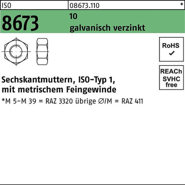 Sechskantmutter ISO 8673 M8x 1 10 galv.verz. 100 S tück 086731100080100