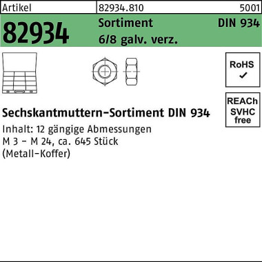 Muttersortiment DIN 934 6 45tlg. 8 galv.verz. 1 Stü ck 829348100000000