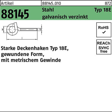 Deckenhaken R 88145 Typ 1 8E M10x 140x 22 Stahl gal v.verz. 20 Stück 881450100100140