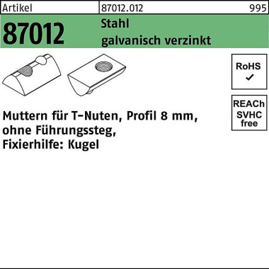 T-Nutenmutter R 87012 o.F ührungssteg 8mm M6 Stahl galv.verz. 100 Stück 870120129060000