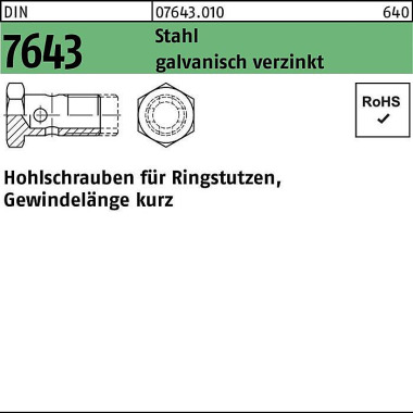 Hohlschraube DIN 7643 10- 3 M14x1,5 Stahl galv.verz . 50 Stück 076430100100000