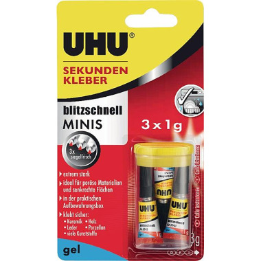 Sekundenkleber blitzschnell MINIS Gel 3x 1g farblos Tube UHU 45370