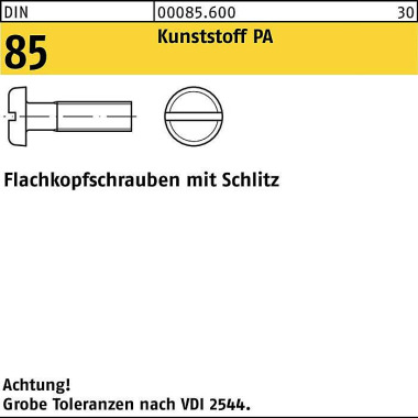 Flachkopfschraube DIN 85/ ISO 1580 Schlitz M6x 10 P olyamid 200 Stück 000856000060010