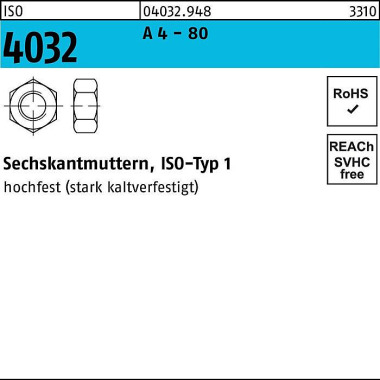 Sechskantmutter ISO 4032 M12 A 4 - 80 100 Stück 040329480120000