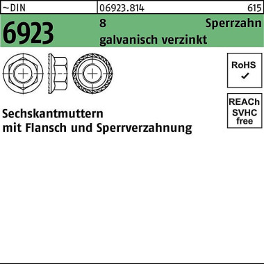 Sechskantmutter DIN 6923 Flansch/Sperrverzahnung M 6 8 galv.verz. 1000 Stück 069238140060000