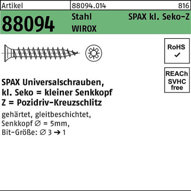 Schraube R 88094 SEKO kl. Spitze/PZ 3x12/10-Z Stah l galv.verz. WIROX 1000St SPAX 880940140030012