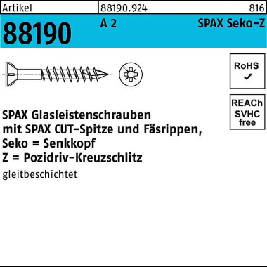 Glasleistenschraube R 881 90 Seko PZ 3,5x40/23-Z2 A 2 200St. SPAX 881909240035040