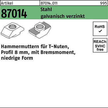 Hammerkopfmutter R 87014 Bremsmoment niedrig 8mm M 5 Stahl galv.verz. 100St. 870140119050000