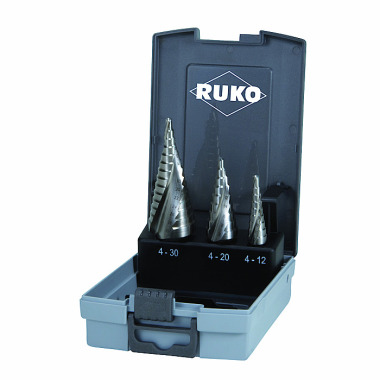 Ruko Conjunto de brocas escalonadas D.4-12/4-20/4-30mm HSS-Co5 ranhura espiral 3 peças Ku.-Kass.RUKO 101026ERO