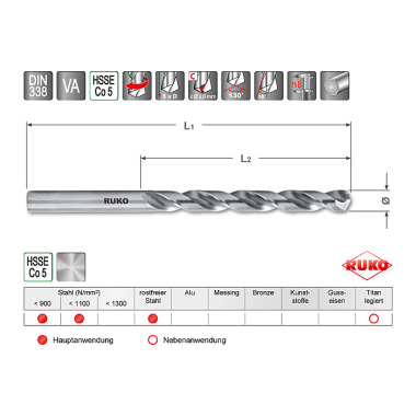 Ruko Broca helicoidal DIN 338 tipo VA 8,5 mm HSS-Co5 215085Z