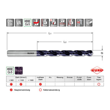 Ruko Broca helicoidal DIN 338 tipo VA HSSE Co 5 TiAlN 215106F