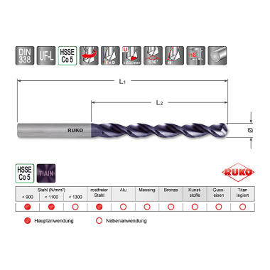 Ruko Broca helicoidal DIN 338 tipo UF-L HSSE Co 5 TiAlN 283023EF