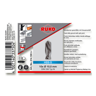 Ruko Broca helicoidal DIN 338 tipo LN HSSG 10.00 214100LI