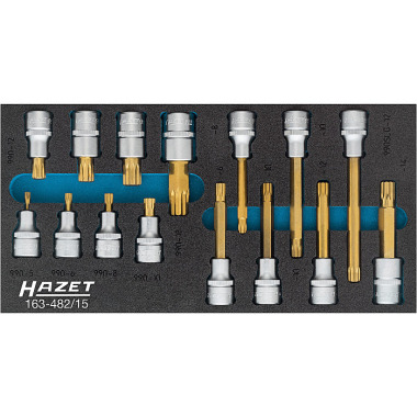 HAZET Conjunto de pontas de chave de fenda XZN, quadrado interno (Robertson) 12,5 = 1/2??, 15 peças - quadrado oco 12,5 mm (1/2 polegada) - perfil estriado interno XZN - número de ferramentas: 15 163-482/15