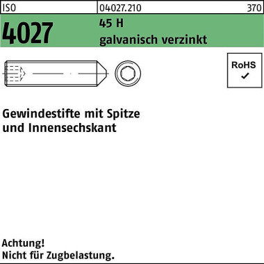 Gewindestift ISO 4027 Spi tze/Innen-6kt M16x90 45 H galv.verz. 25St. 040272100160090