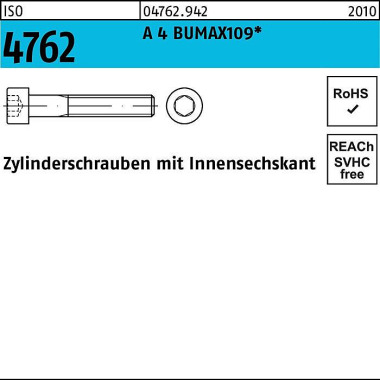 Zylinderschraube ISO 4762 Innen-6kt M6x 50 A 4 BUM AX109 100 Stück BUFAB 047629420060050