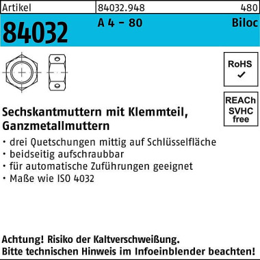 Sechskantmutter R 84032 B iloc Klemmteil M20 A 4 - 80 50 Stück 840329480200000