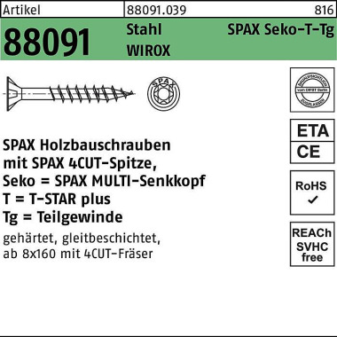 Schraube R 88091 SEKO/T-S TAR TG 8x 180/80-T40 Stah l WIROX 50 Stück SPAX 880910390080180