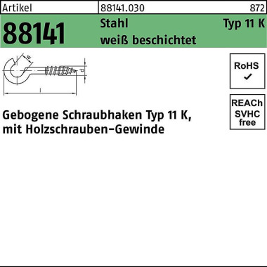 Schraubhaken R 88141 Typ 11 K gebogen 40x2,9x12 St ahl weiß beschichtet 100S t. 881410300000040