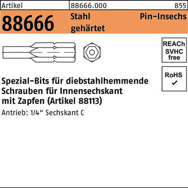 Bit R 88666 Innen-6kt Zap fen SW4 /M 6 Stahl gehärt et 1 Stück 886660000040000