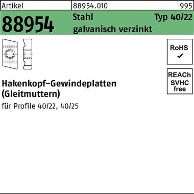 Hakenkopfgewindeplatte R 88954 Typ 40/22 M10 Stahl galv.verz. 100Stück 889540100100000